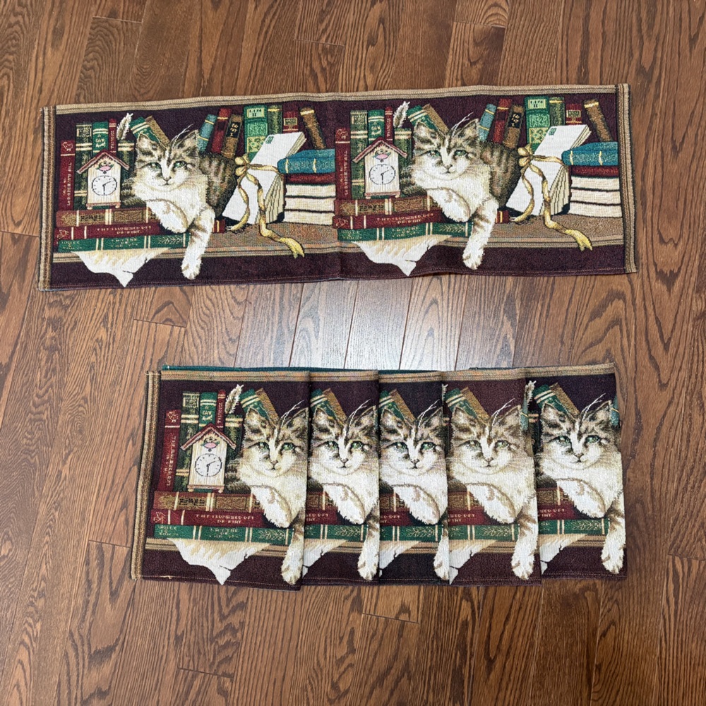 Five Tapestry Look Cat Placemats and one Table Runner